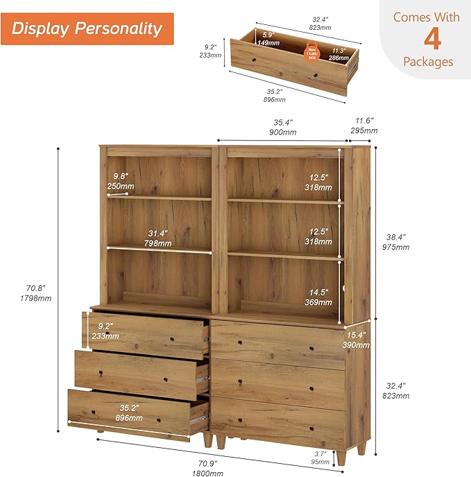 WAMPAT 71" Tall Bookcase with 6 Drawers & Open Shelves, 2 Column Modern 3-Tier Bookshelf with Adjustable Shelf, 71" Wide Wooden Display Book Shelf for Home Office, Living Room, Bedroom, Oak Brown
