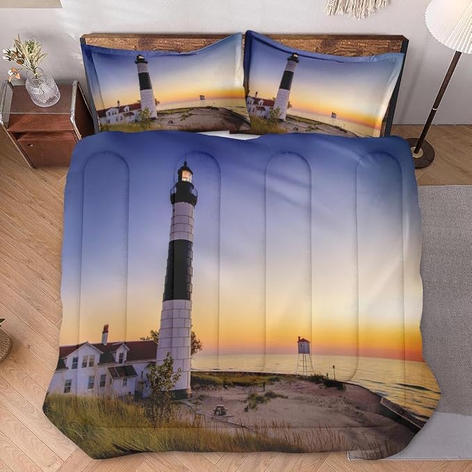 Comforter Set with Pillowcase Twin Size, Coastal Lighthouse Michigan Beach Lake, Bed Decor Sea Ocean House Sunset Seascape for Kids and Adults, Soft Cozy Bedroom Bedding Set