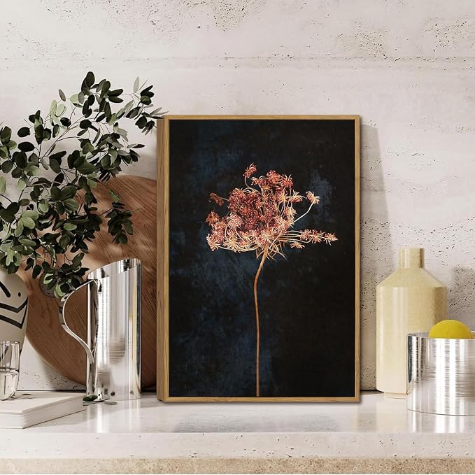 WALLZK Vintage Framed Wall Art Moody Botanical Wall Decor Dark Dried Flower Minimalist Canvas Prints Pictures Rustic Retro Artwork for Walls Living Room Bedroom Bathroom 8"x10"