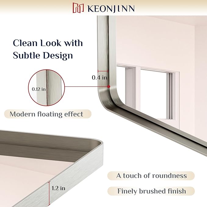 Keonjinn 16 x 20 Inch Brushed Nickel Bathroom Mirrors for Over Sink, Rounded Rectangle Silver Bathroom Vanity Mirror, Metal Framed Farmhouse Mirror for Wall, HD Tempered Glass(Horizontal/Vertical)