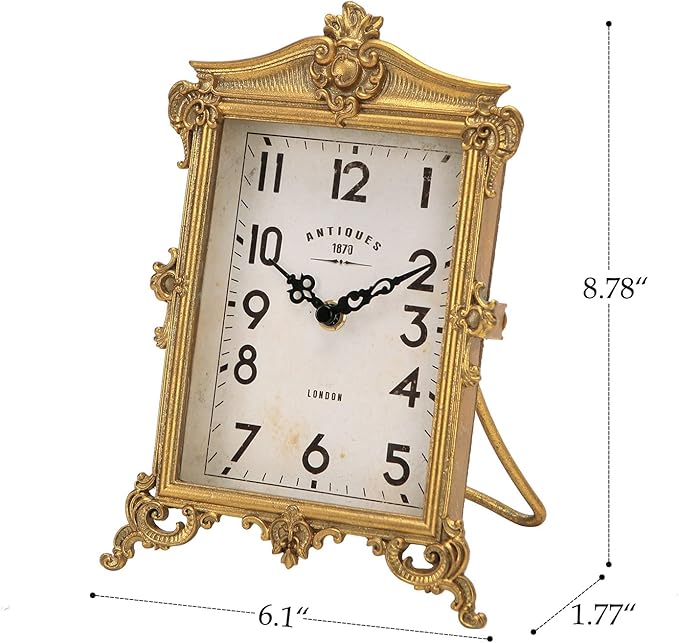 NIKKY HOME Vintage Gold Table Clock, Silent Non-Ticking Battery Operated Retro Desk Shelf Mantel Small Metal Clock for Living Room Decor