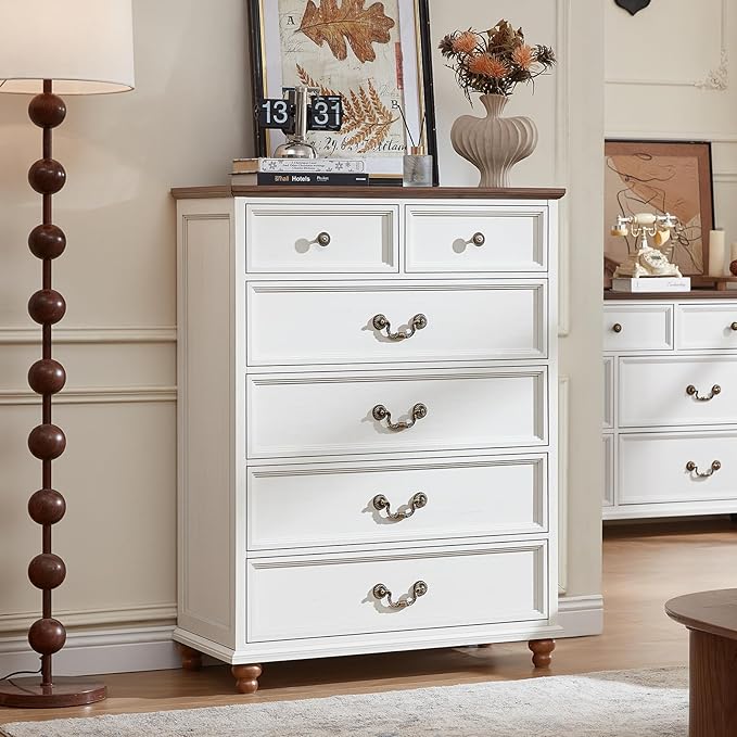Farmhouse 6 Drawer Dresser Set of 2 for Bedroom, 42" Tall Rustic Chests of Drawers w/ 4 Solid Wood Feet, Mid Century Vintage Wooden Closet Storage Dressers Organizer for Living Room,White