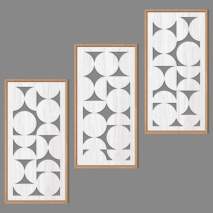 IARTTOP White Abstract Wood Wall Art Framed 8x16 Inch Set of 3 Modern Minimalist Wooden Wall Decor Mid-century Modern Geometry Artwork for Living room Bedroom Office