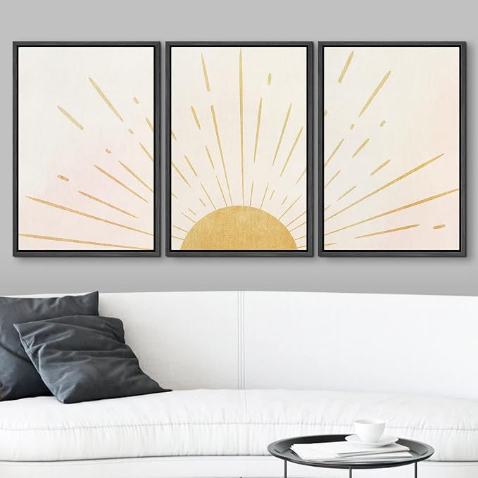 wall26 Framed Wall Art Print Set Shining Yellow Sun on The Horizon Geometric Nature Illustrations Modern Art Mid-Century Modern Colorful for Living Room, Bedroom, Office Natural - 24"x36"x3 Black