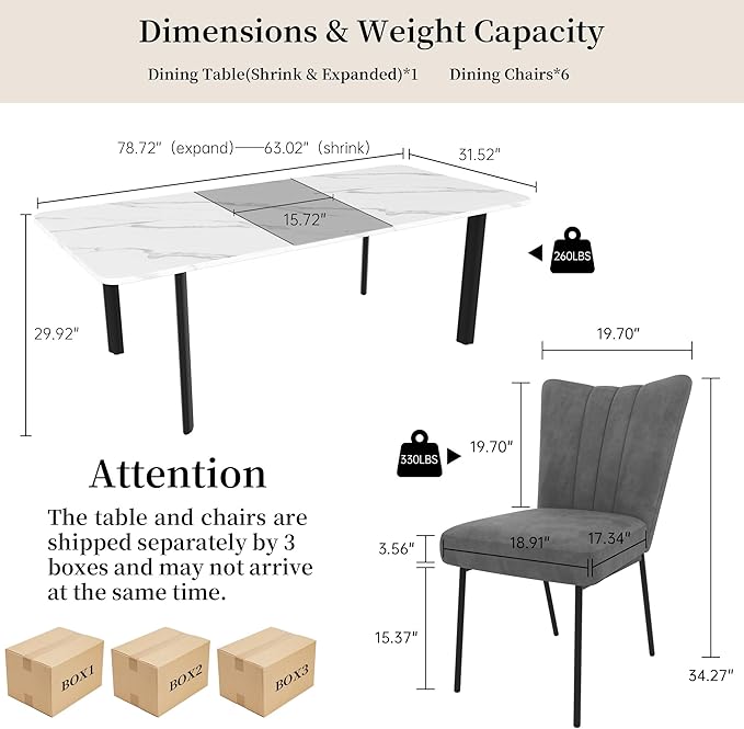 Extendable Dining Table Set for 6-8 People, 63 to 78.7 Inch MDF Kitchen Table with 6 Dining Fabric Chairs, Space-Saving for Dining Room, Breakfast Nook (White Table & 6 Grey Fabric Chairs)
