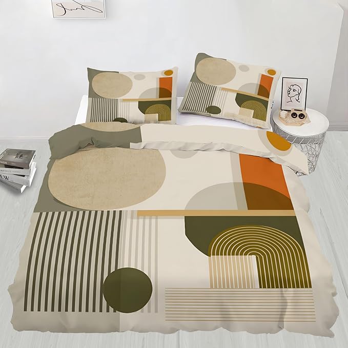 Middle Ages Duvet Cover King Size, Retro Colorful Geometry Bedding Set 3 Piece Bedroom Decor Minimalism Patterned Comforter Cover with Zipper Ties & 2 Pillowcases
