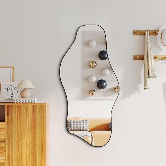 Irregular Frameless Mirror, 35.8"x17.7" Asymmetrical Wall Mirrors Decorative, Modern Abstract Tempered Glass Mirrors for Living Room Bathroom Bedroom Hallway Entryway Fireplace