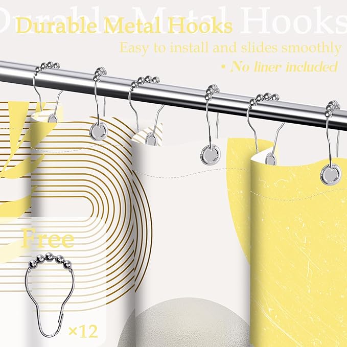Mustard Yellow and Grey Shower Curtain Light Yellow and Gray White Shower Curtains for Bathroom Decor Abstract MCM Bath Curtain Set, Waterproof Fabric with Hooks 70 x 72 Inch