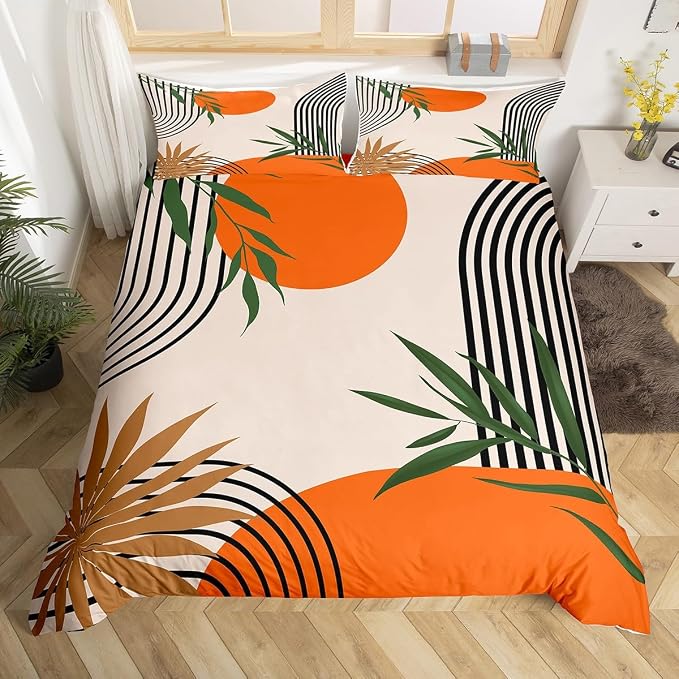 Erosebridal Abstract Geometric Comforter Cover Full for Kids Boys Girls,Mid Century Orange Duvet Cover,Boho Vintage Bedding Set,Botanical Minimalist Bed Set 3 Pcs Bedroom Decor