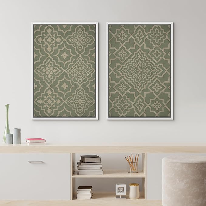 IDEA4WALL Framed Canvas Print Wall Art Set Moroccan Tile Pattern Green and Beige Geometric Illustrations Modern Art Decorative Bohemian Calm/Zen for Living Room, Bedroom, Office - 24"x36"x2 White