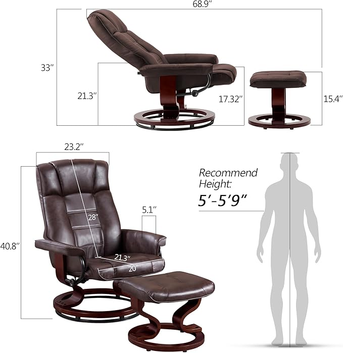 MCombo Manual Swivel Recliner with Ottoman, Chair Ottoman Set for RV Small Spaces, Living Room, Bedroom, Office 9019 4919 (Faux Leather, Dark Brown)