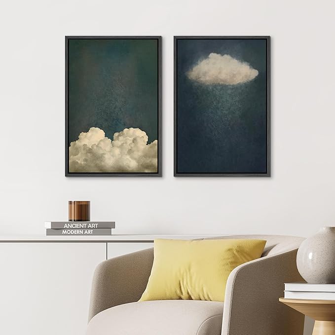 IDEA4WALL Framed Canvas Print Wall Art Set Dreamy Cloud Abstract Cloudscape Illustrations Modern Art Decorative Coastal Cottage Seascape for Bedroom - 24"x36"x2 BLACK