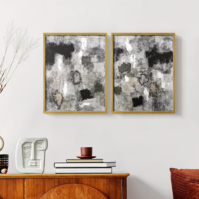Renditions Gallery Set of 2 Peel & Stick Framed Prints, Abstract Wall Art, Hand Painted Black and White Pattern Wall Decor, Re-Stickable - Ready to Hang - 11"x14" - GOLD Frame LT588