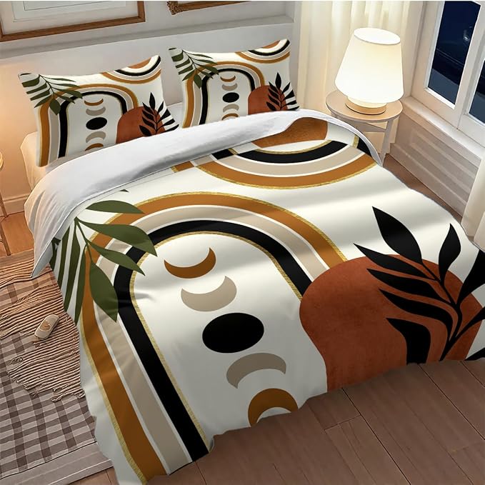 Bohemian Leaf Comforter Set,Mid Century Abstract Tropical Plant Minimalist Modern Geometric Palm Leaf Simple Bedding Duvet Cover Sets with Pillowcase for Bedroom Bed Decor,King 102"x90"