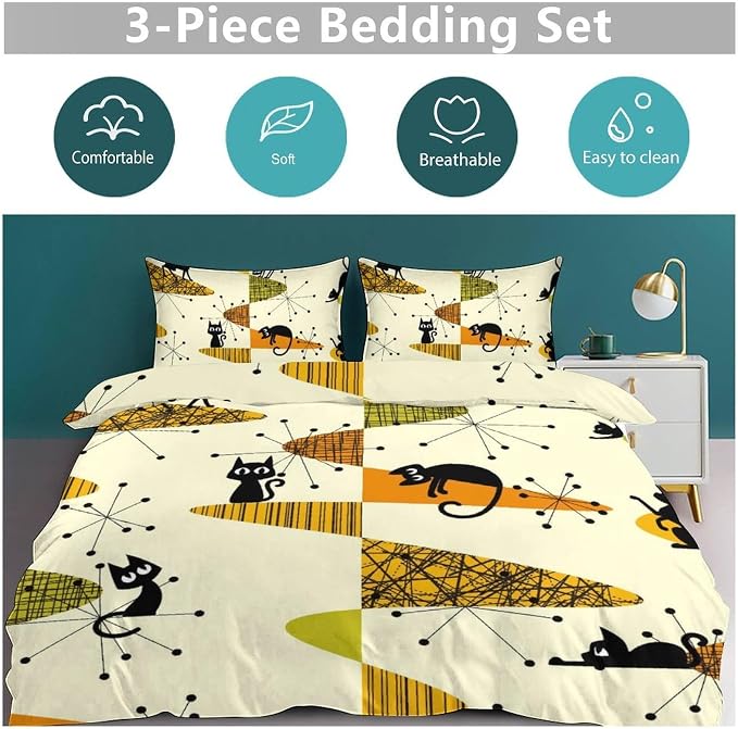 Geometry Modern Comforter Set,Mid Century Black Cat Abstract Atomic Geometric Vintage 1950s 1960s Pattern Print Yellow Bedding Set with Pillowcase for Bedroom Bed Decor，Twin 86"x70"