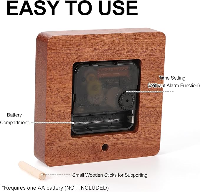 Wooden Table Clock on Stand, Decorative Battery Operated Desk and Shelf Clock, Silent Non-Ticking Desktop Clock for Office, Living Room or Bedroom Decor, Square Shape, Sapele Wood