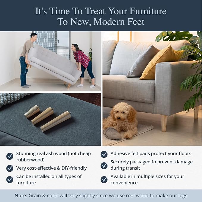 Airy Abode Premium Ash Wood Furniture Legs (Full Install Kit) - Pick Your Size and Color