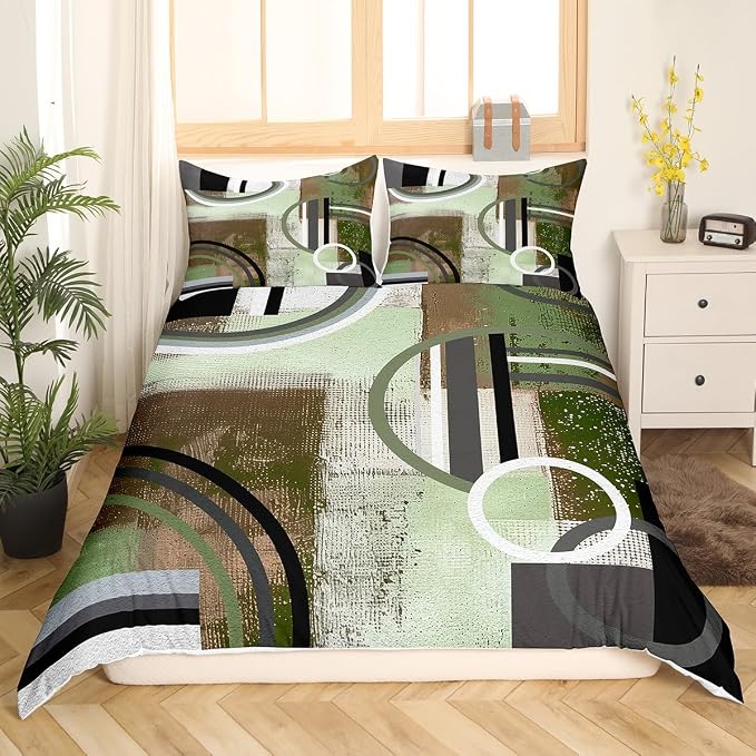 Erosebridal Mint Green Brown Gray Comforter Cover,Circles Duvet Cover for Kids Teens Adult,Gurnge Oil Painting Bedding,Geometric Quilt Cover,Abstract Striped Lines Bed Cover with 2 Pillow Cases,Queen