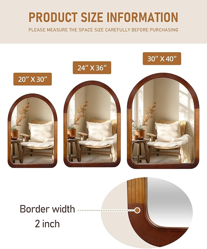 Arch Large Mirror 30 x 40 Inch,Brown Wood Rustic Bathroom Tempered Wall Mirror with Wood Frame,Round Corner Arch Farmhouse Wooden Vanity Mirror for Living Room,Entryway or Bedroom