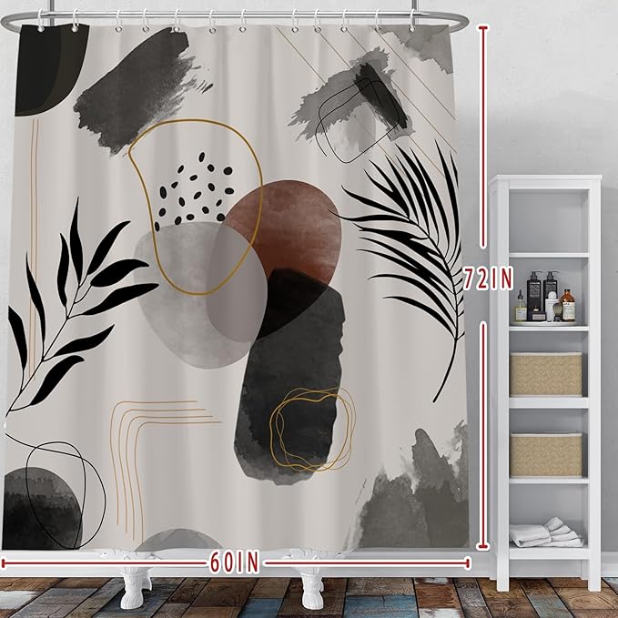Baocicco Boho Shower Curtain Black Grey Plants Leaves Mid Century Modern Abstract Shower Curtains Decorative for Bathroom Waterproof Fabric Shower Curtain with Hooks 60x72 Inches
