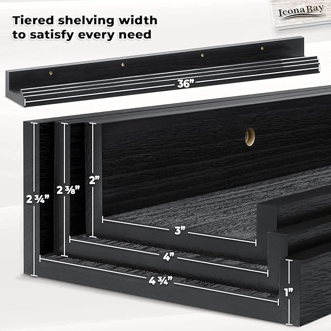 Icona Bay 36 Inch Floating Shelves for Wall - Set of 3 in Ebony Black - Modern Rustic Style - Wall Mounted Display Shelves - Picture Ledges