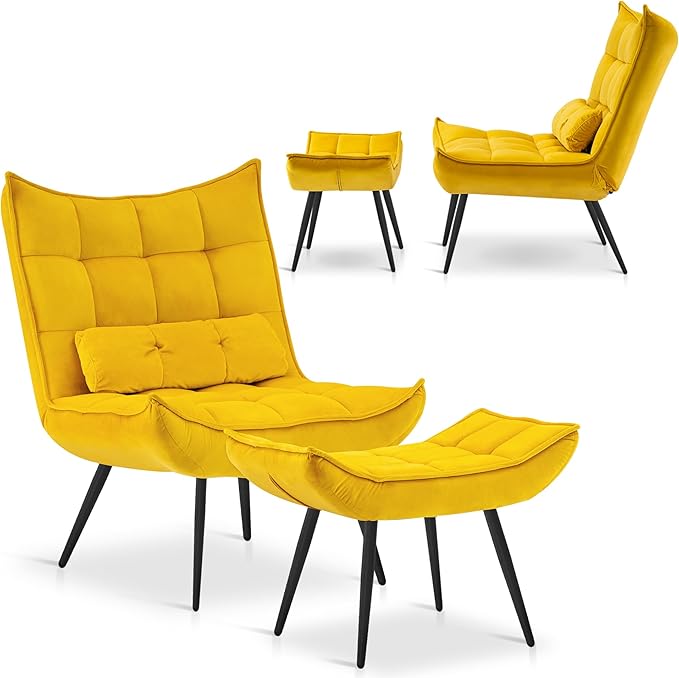 MCombo Accent Chair with Ottoman, Modern Velvet Wingback Lounge Chair, Upholstered Club Chair for Small Space, Living Room & Bedroom 4079 (2, Yellow)