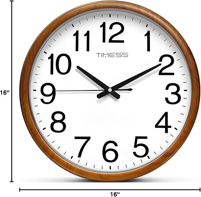 TIMESS Wall Clock, Classic Wood Style Finish, 16 Inch Non-Ticking Silent Battery Operated Analog Clock, Ideal Retro Decor for Home, Bedroom, Living Room, Kitchen, Bathroom, Office(Wood Yellow)