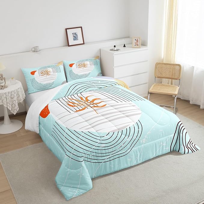 Erosebridal Modern Blue Comforter King Mid Century Bedding Set, Abstract Artwork Down Comforter Black Geometric Lines Bed Set, White Aesthetic Circle Quilted Duvet All-Season 3pcs
