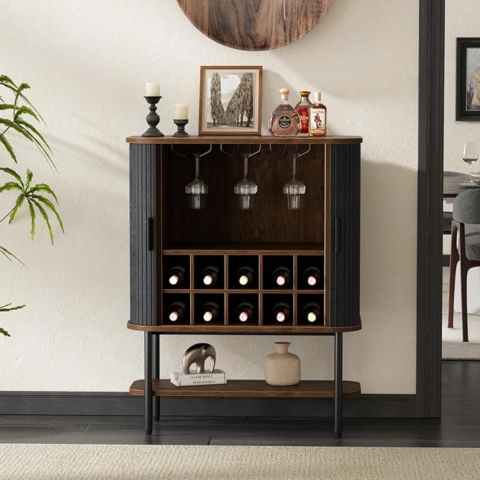 FiveWillowise Black Coffee Bar Cabinet with Storage, Fluted Wine Liquor Cabinet with Sliding Doors, Glass Holder and Wine Rack, Buffet Sideboard for Kitchen, Dining Room, Living Room