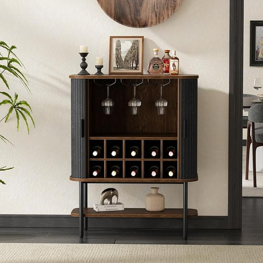 FiveWillowise Black Coffee Bar Cabinet with Storage, Fluted Wine Liquor Cabinet with Sliding Doors, Glass Holder and Wine Rack, Buffet Sideboard for Kitchen, Dining Room, Living Room