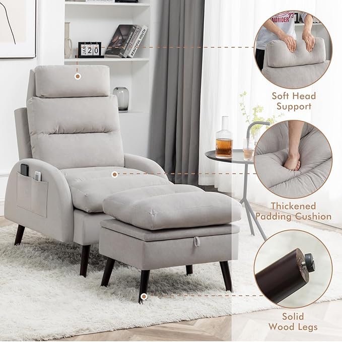 HCHAIRH Accent Chair with Ottoman, Comfy Reading Chair with Ottoman Set, Modern Oversized Velvet Lounge Armchair with Adjustable Backrest for Living Room Bedroom (Grey)