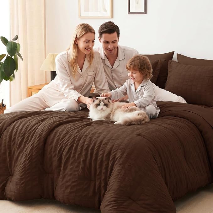 CozyLux California King Comforter Set with Sheets 7 Pieces Brown Seersucker Bed in a Bag, Cal King Luxury All Season Bedding Set with Down Alternative Comforter, Sheets, Pillowcases & Shams, Home Gift