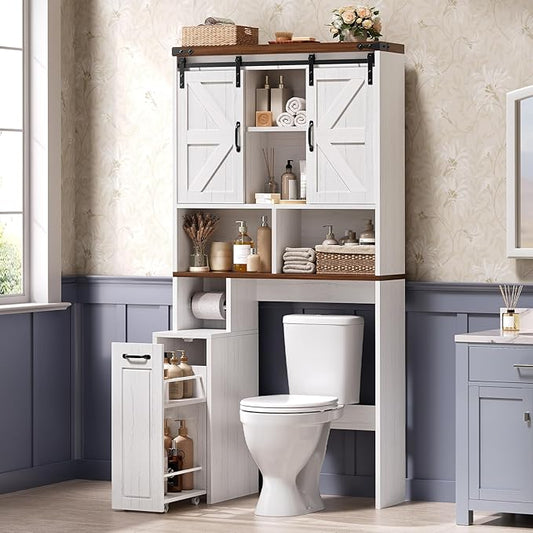 Farmhouse Over The Toilet Storage Cabinet with Pulley, Slide Barn Doors Bathroom Storage Cabinet, Space Saver W/Adjustable Shelf & Open Shelf for Bathroom, Restroom, Laundry (White Brown-Type A)