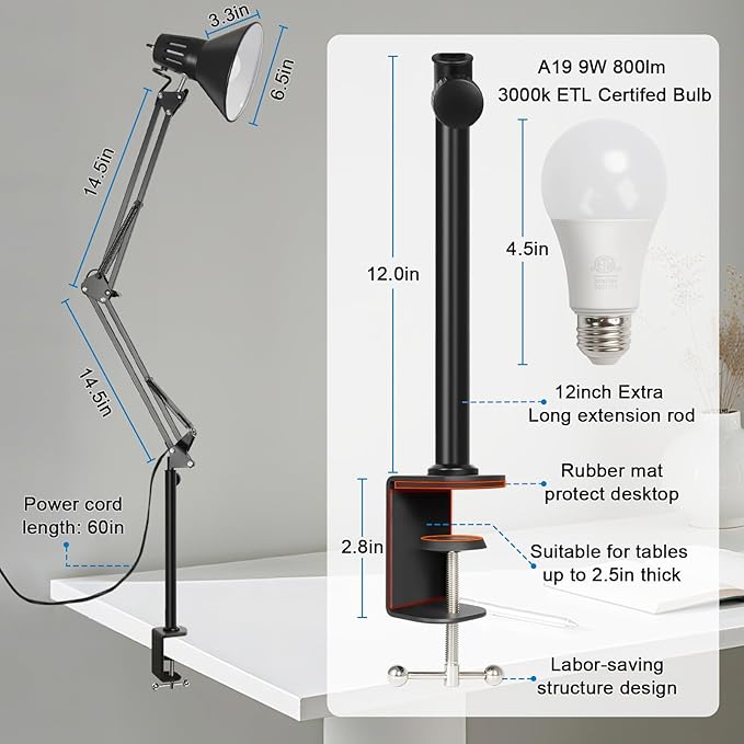 LED Clamp on Desk Lamp,360°Adjustable Swing Arm Desk Lamp,Clamp Light with Eye-Caring LED Bulb for Home Office Reading Drafting