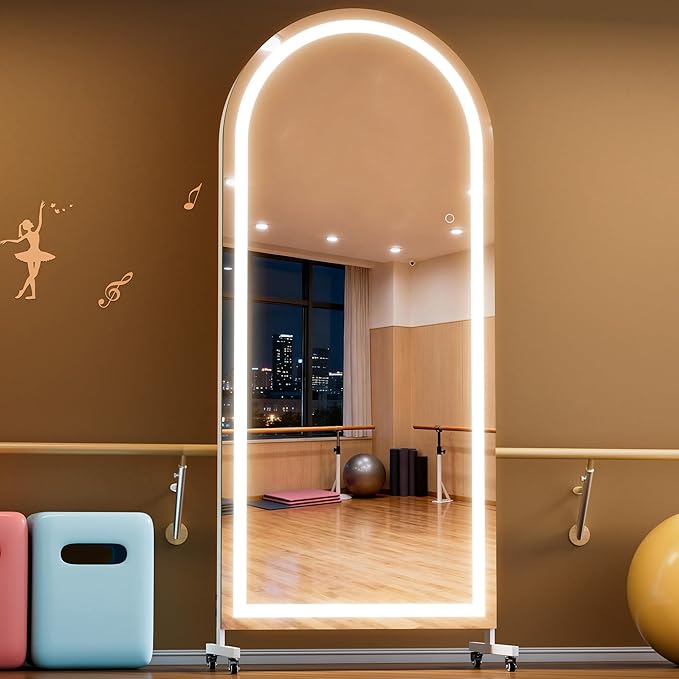 Hasipu 75" x 32" Arched LED Rolling Gym Mirror with Wheels, Dimmable Lighted Body Mirror with 3 Color Temperatures & Adjustable Brightness for Bedroom, Yoga Studio & Home Gym