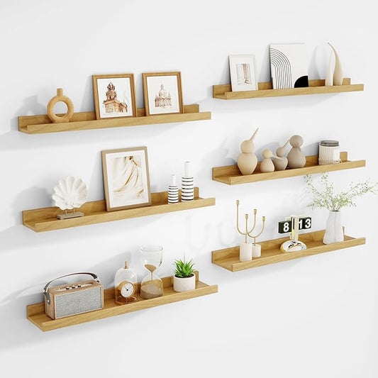 Picture Ledge Shelf, Floating Shelves Set of 6, 24 inch Long Picture Shelf for Wall with Lip, Wall Mounted Shelves for Bedroom, Living Room, Bathroom, Kitchen,Oak