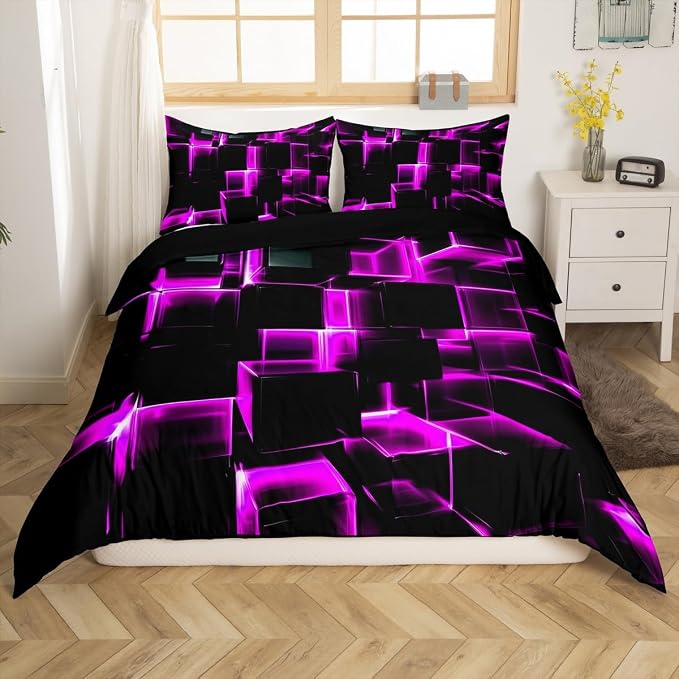 Erosebridal Purple Black Geometric Duvet Cover Queen Size 3D Stereoscopic Square Bedding Sets, Glowing Neon Squares Bed Cover 3 Piece Gradient Grid Plaid Bed Set (No Comforter)