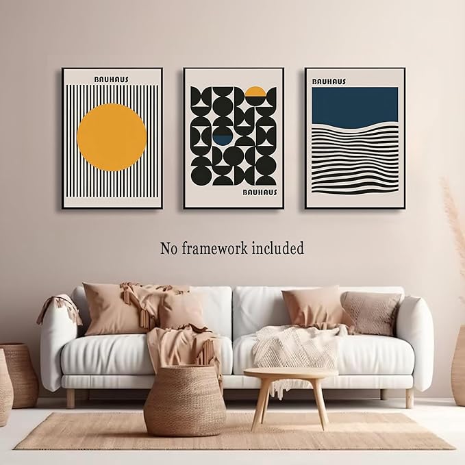 3Pcs Bauhaus Style Wall Art Bohemian Abstract Wall Decor Minimalist Canvas Mid Century Moderngeometry Poster Prints Painting Picture Suitable for Living Room Bedroom （12x16 unframed）