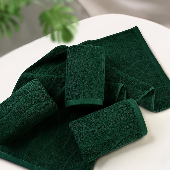 Jacquotha 4-Piece Hand Towels Set in Forest Green, Wavy Striped Jacquard Towels for Bathroom Kitchen Decor (13x29 Inches, 100% Cotton)