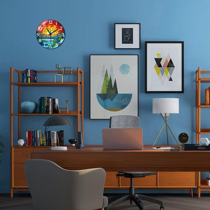 peacoblue Wall Clocks Battery Operated 12 Inch Bohemian Sunset Glass Round Wall Clock Non Ticking for Kitchen Living Room Dining Room Bedroom and Bathroom Decor Accessories (Battery not Included)