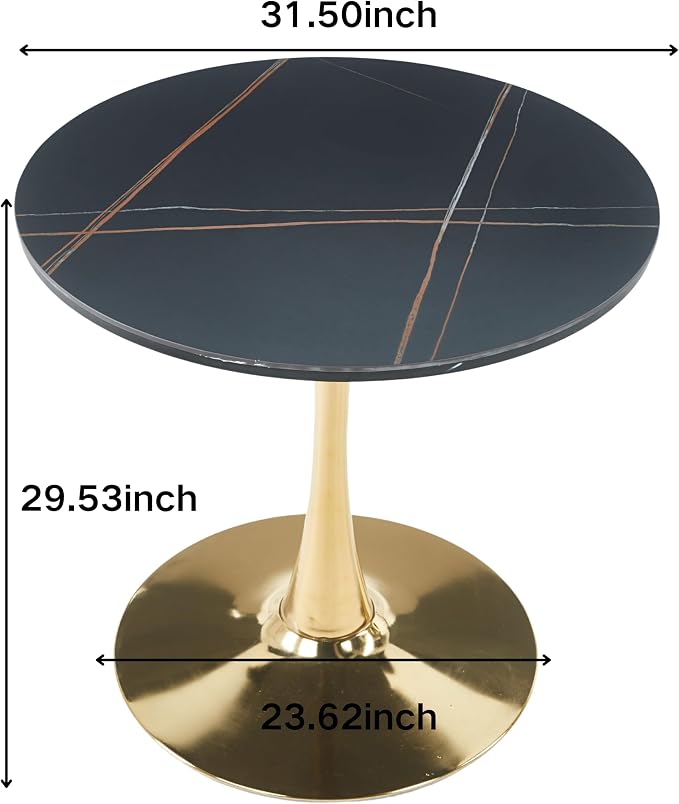 Round Tulip Kitchen Table, Modern Black & Gold Marble Tulip Dining Table with Pedestal Base, Space-Saving Tulip Table for Small Spaces, Office and Cafe