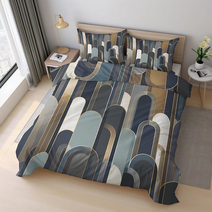 Mid Century Boho Duvet Cover California King Size, Geometric Arch Bedding Set 3 pcs with 2 Pillow Covers, Mid Century Modern Bedroom Decor, Soft Microfiber Reversible, Zipper & Ties KJJT 109