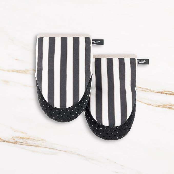 Kate Spade New York Botanical Stripe Mini Oven Mitt 2-Pack Set, 5.5" x 8", Black/Beige