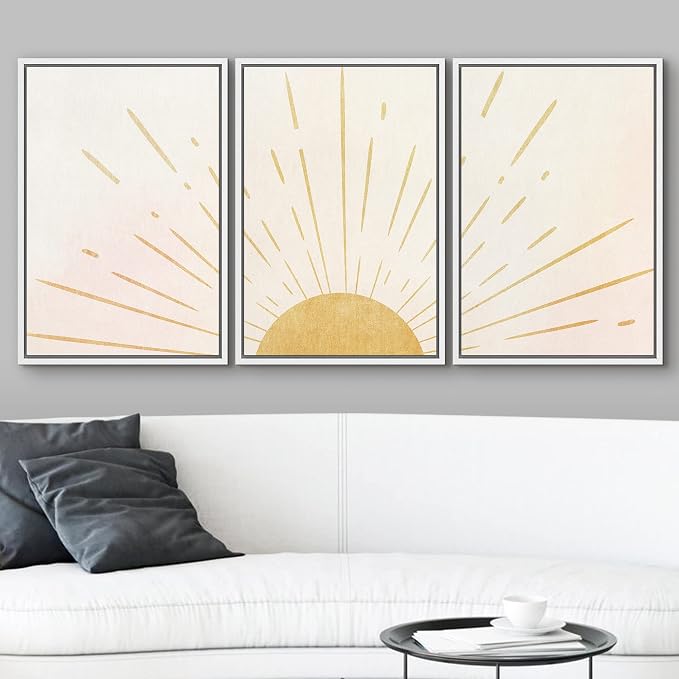 wall26 Framed Wall Art Print Set Shining Yellow Sun on The Horizon Geometric Nature Illustrations Modern Art Mid-Century Modern Colorful for Living Room, Bedroom, Office Natural - 24"x36"x3 White