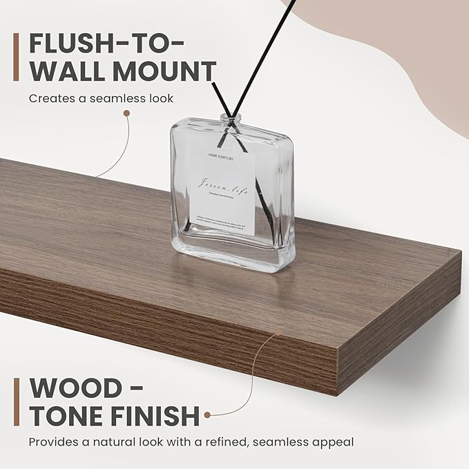 48 Inch Floating Shelves, 8 Inch Deep Floating Shelves for Wall, Hanging Shelf with Invisible Brackets, Deep Shelves for Bathroom, Bedroom, Living Room, Walnut, Set of 2