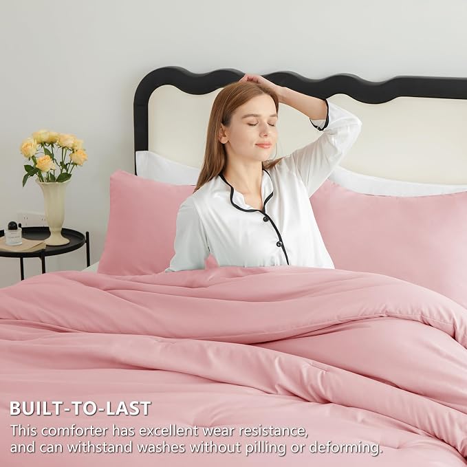 CozyLux Full Size Comforter Set Pink, 3 Pieces Lightweight Down Alternative Quilted Bedding Sets, All Season Soft Breathable Solid Comforter with 2 Pillowcases, Luxury Bed Set Gift for Home