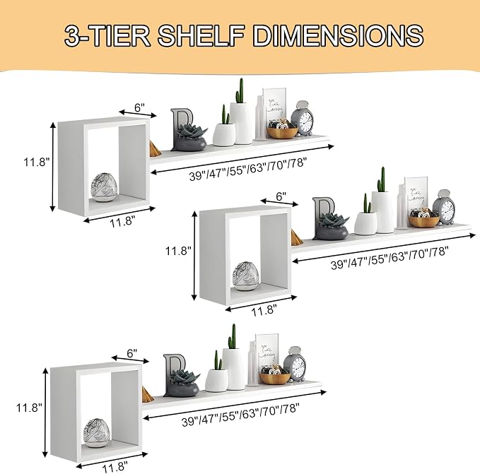 Wall Mounted Shelves Wooden Floating Shelf Home Decor for Wall, Sofa, Bathroom, Bedroom, Living Room, Kitchen, Office Black-3-layer 70"