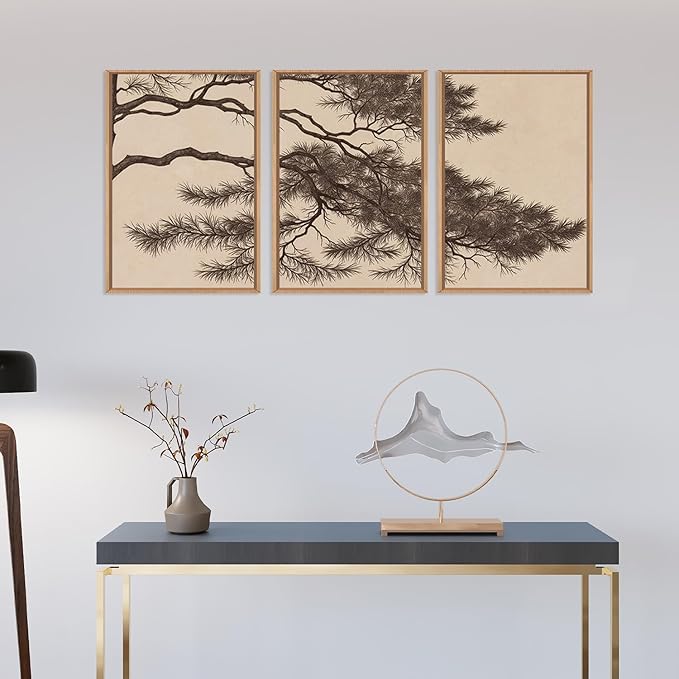 LHIUEM Large Vintage Pine Tree Branch Framed Canvas Wall Art,Sketch Botanical Wall Decor,Nature Plant Artwork,Brown Antique Etching Art Prints for Living Room,Bedroom,Office- 16"x24"x3