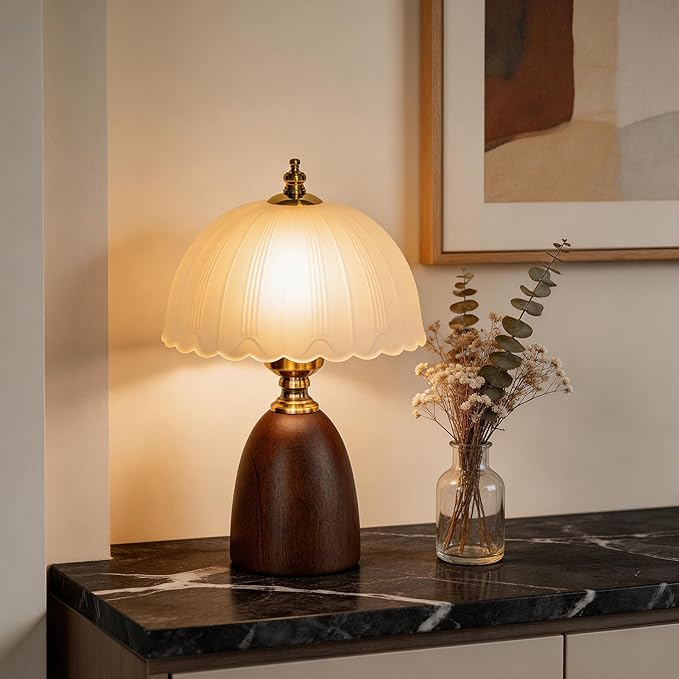 13“ Mid-Century Modern Small Table Lamp, Vintage Scalloped Frosted Glass Bedside Lamp for Bedroom Living Room, Solid Walnut Wood Style Base 3-Color Dimmable LED, Aesthetic Decor Gift