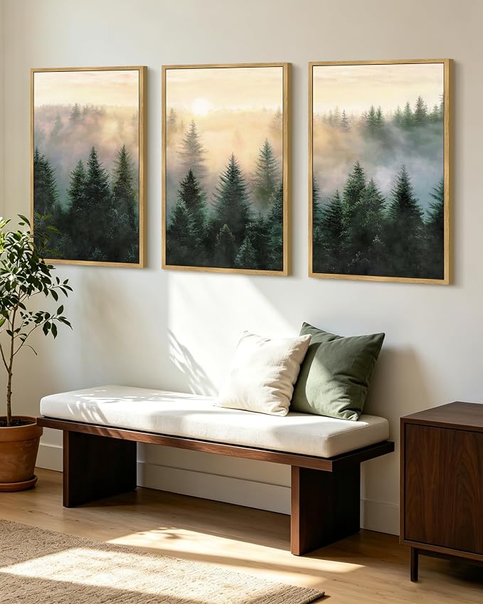 KUVIOKE Sun Dawn Fog Pine Tree Framed Wall Art Morden Nature Nordic Forests Artwork Bedroom Decor 24x36in (Natural Framed)